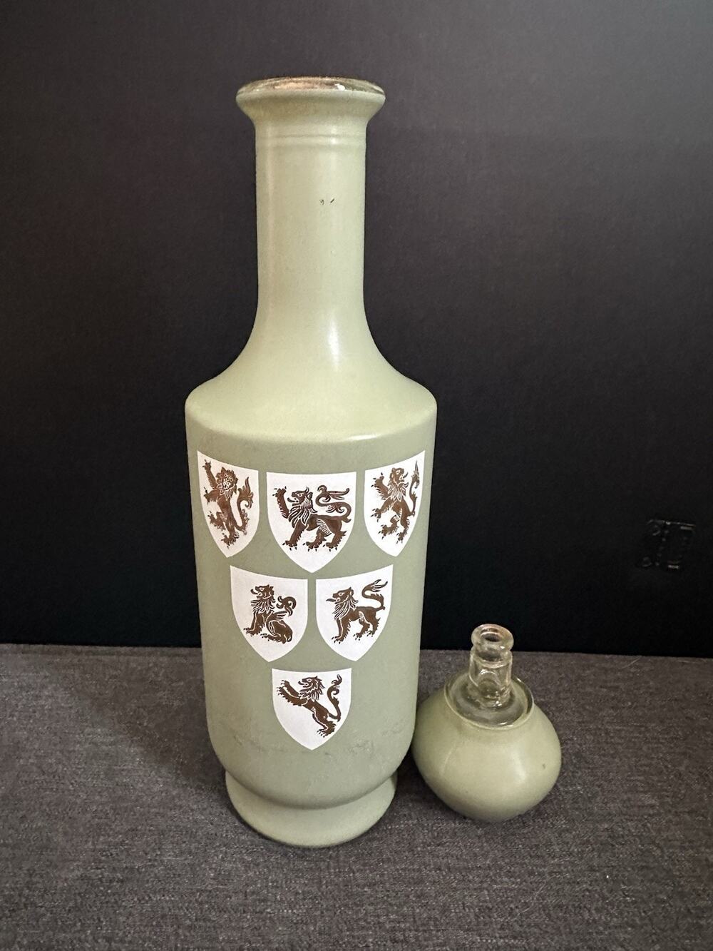 Vintage Old Fitzgerald Stitzel Weller Green Glass Bourbon Decanter Lion Crests